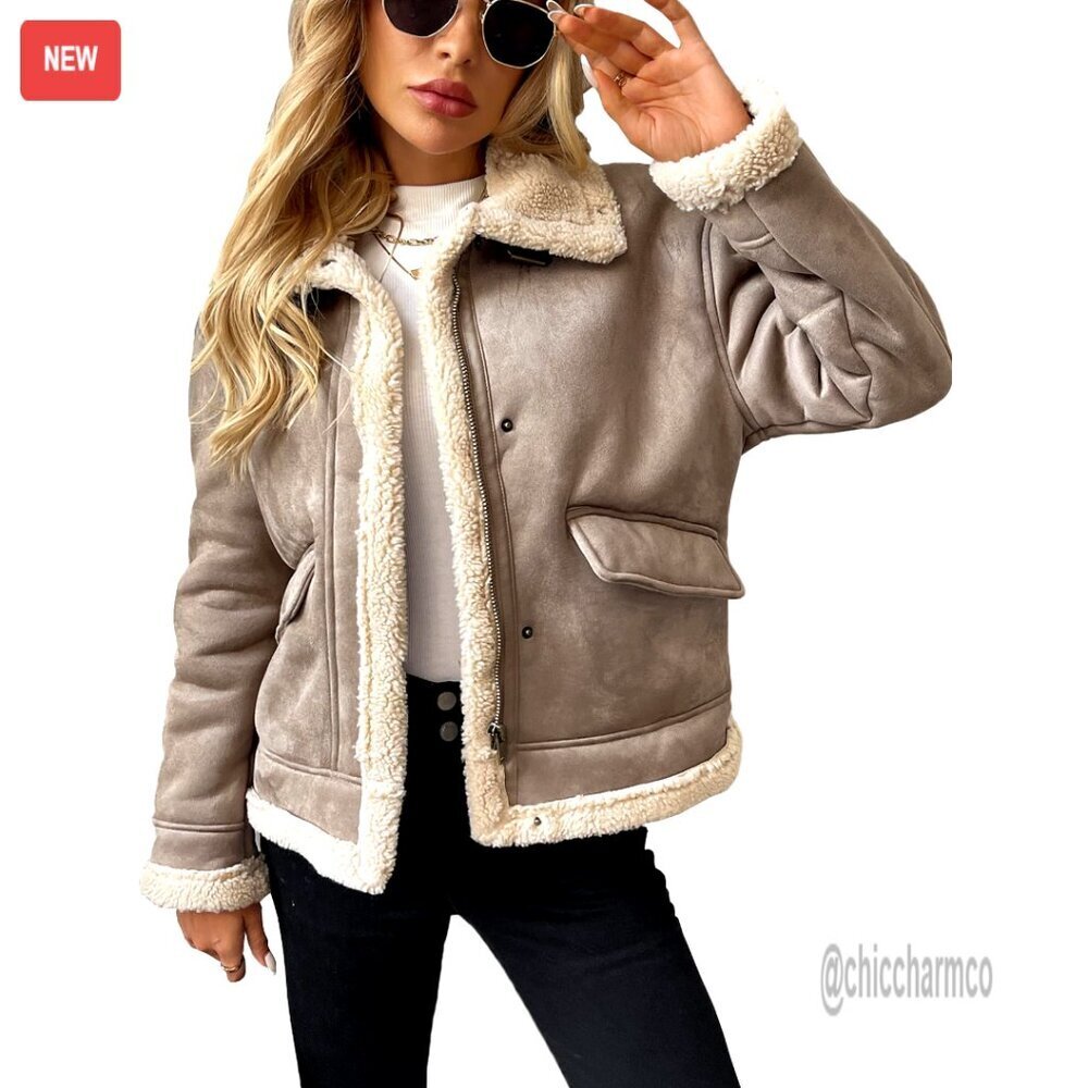 Faux Leather Patchwork Sherpa Jacket Moto Biker Zipper Chic Winter Shacket
